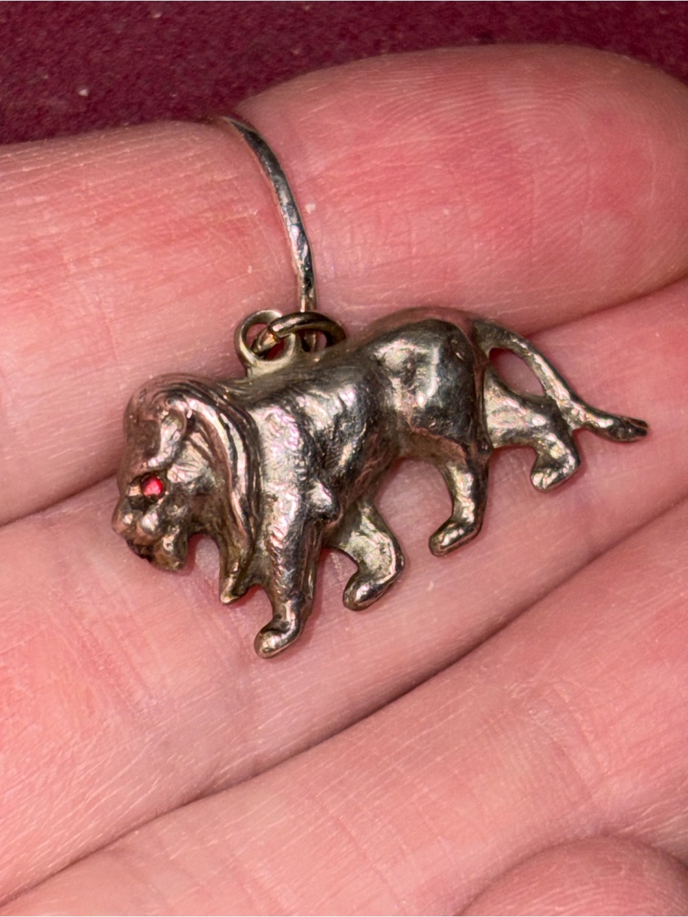Antique 800 Silver 3-D Lion Pendant with Red Gem Eyes